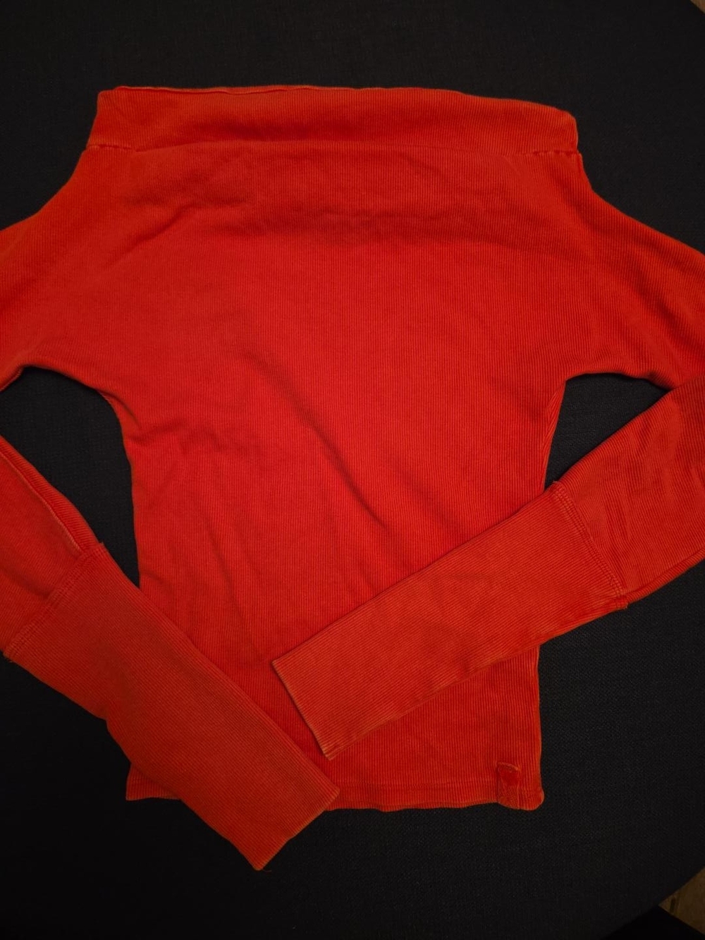 Free People We The Free Red Ribbed Off Shoulder Foldover Long Sleeve Top